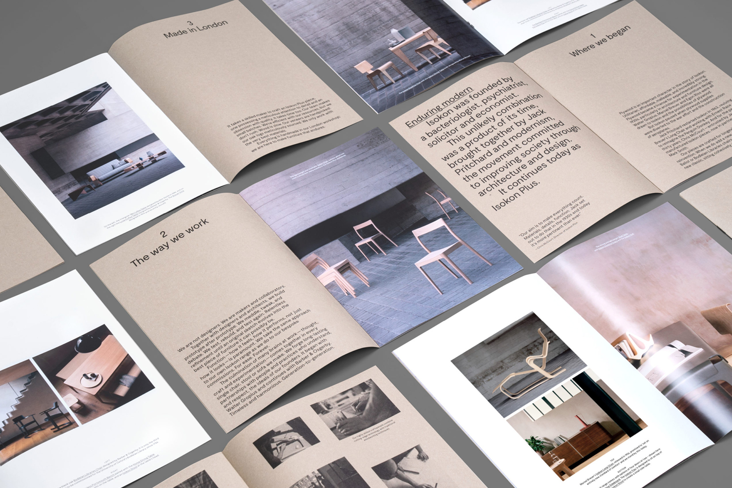 Open pages of a designed print publication featuring furniture photography, typography, and articles about Isokon Furniture Company