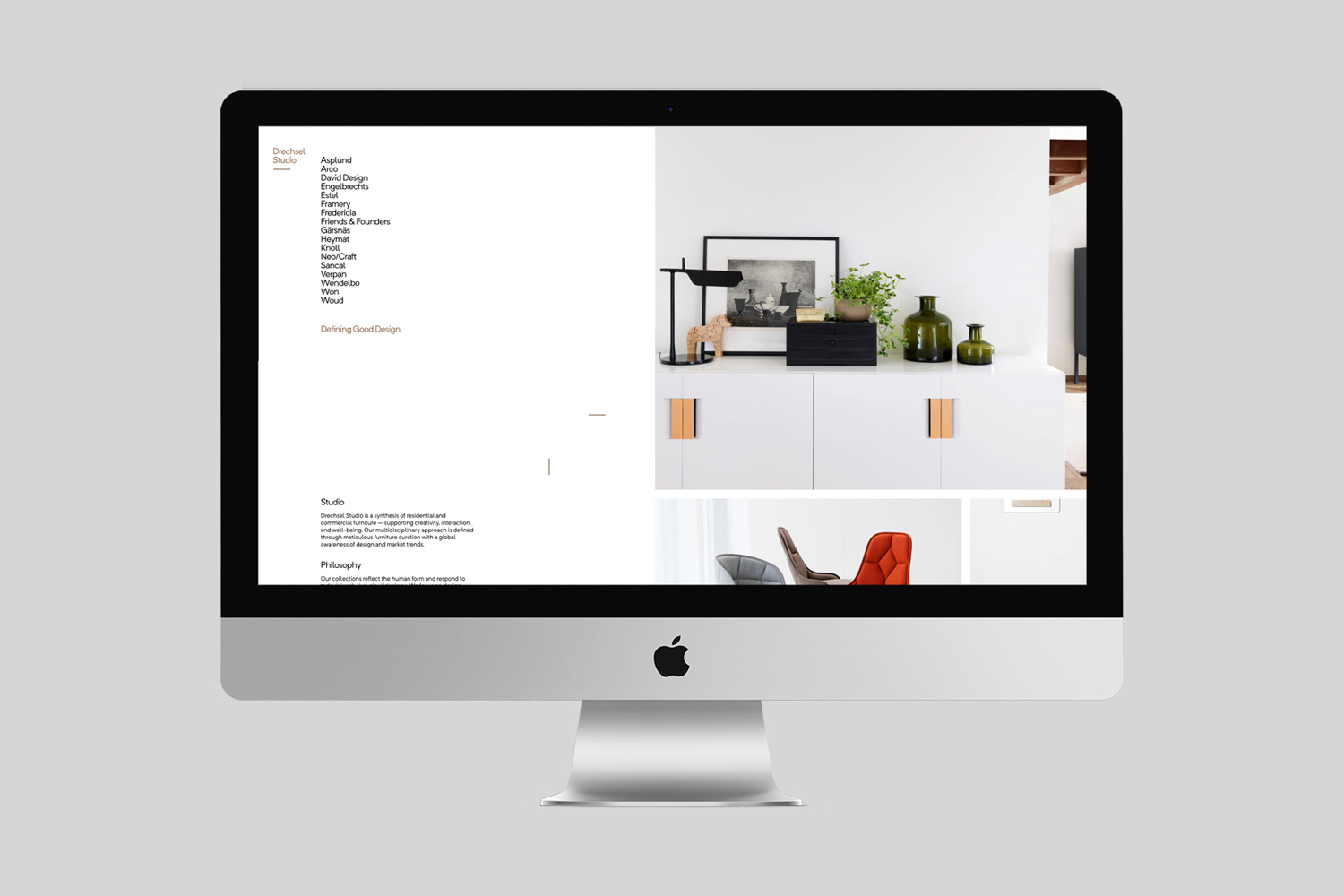 Computer monitor displaying the brand identity and website design for Drechsel by Underline Studio against a plain background