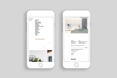 Two mobile phone mockups displaying the Drechsel brand identity website design by Underline Studio on white backgrounds.