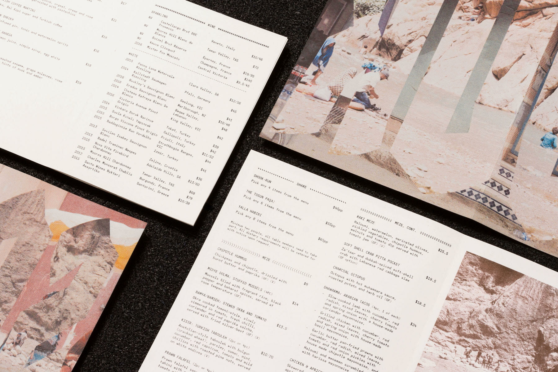 Printed menus and photography collages laid out on a dark surface for Souk brand identity