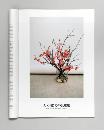 Close-up of a magazine spread featuring a glass vase with flowering branches on a neutral surface, with printed text below.