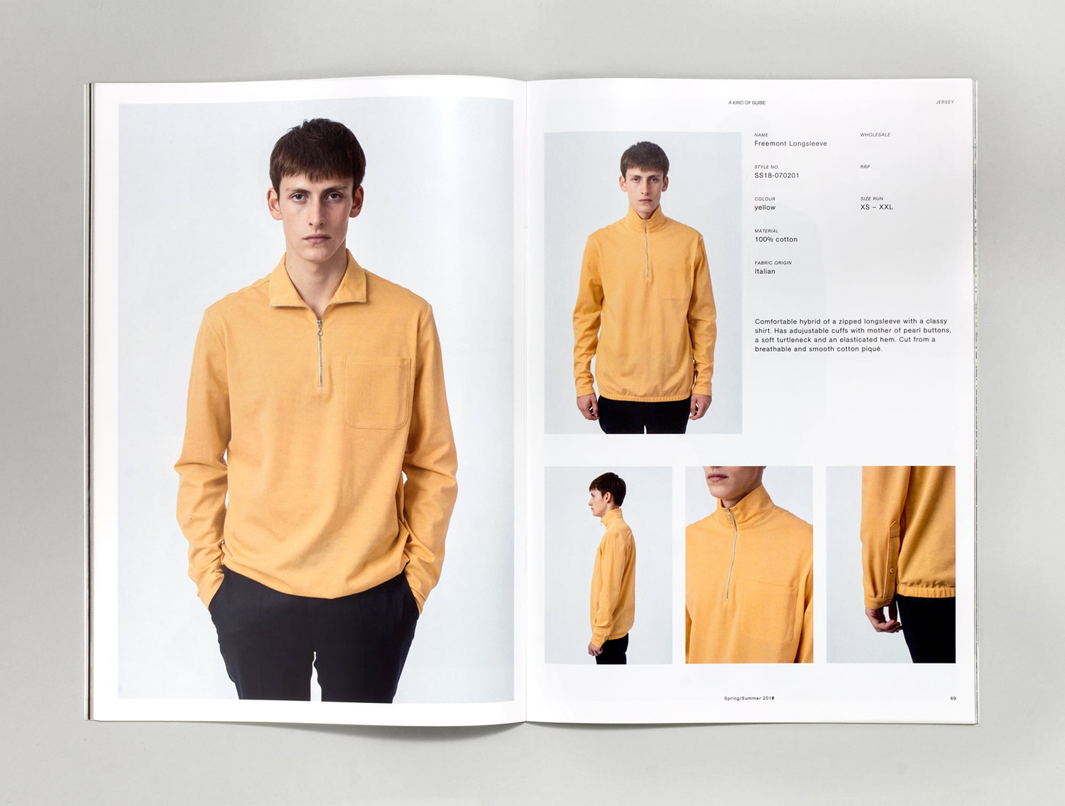 Open magazine layout featuring a male model wearing a mustard yellow long-sleeve polo shirt against a light grey studio background.