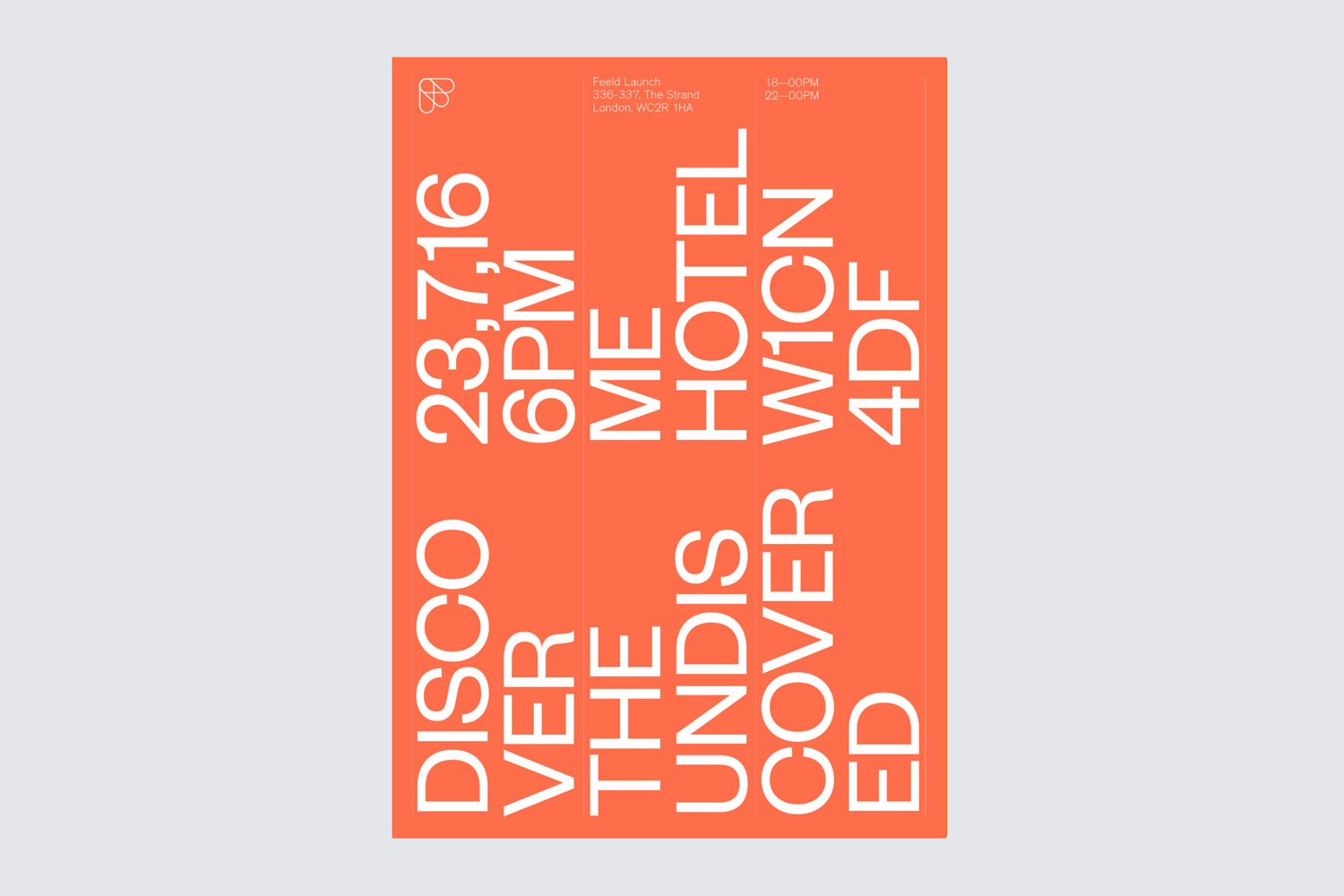 Orange graphic design poster with bold white typography featuring Event and location details for Feeld brand identity.