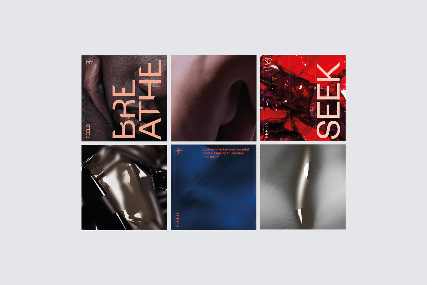 Grid of six square graphic design panels featuring abstract textures, body close-ups, and typography for Feeld brand identity.
