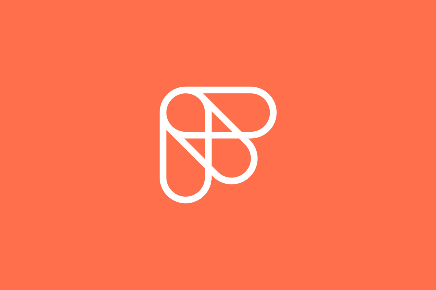 White geometric typographic logo on a vibrant coral orange solid background.