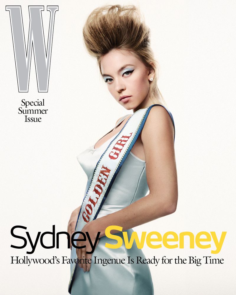Sydney Sweeney on W Magazine cover wearing white dress and sash with 'Golden Girl' text against a bright white background, shot in portrait.