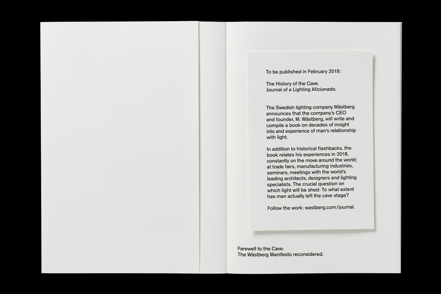 Open book layout with a white dust jacket and an inserted announcement card featuring typography for Wästberg.