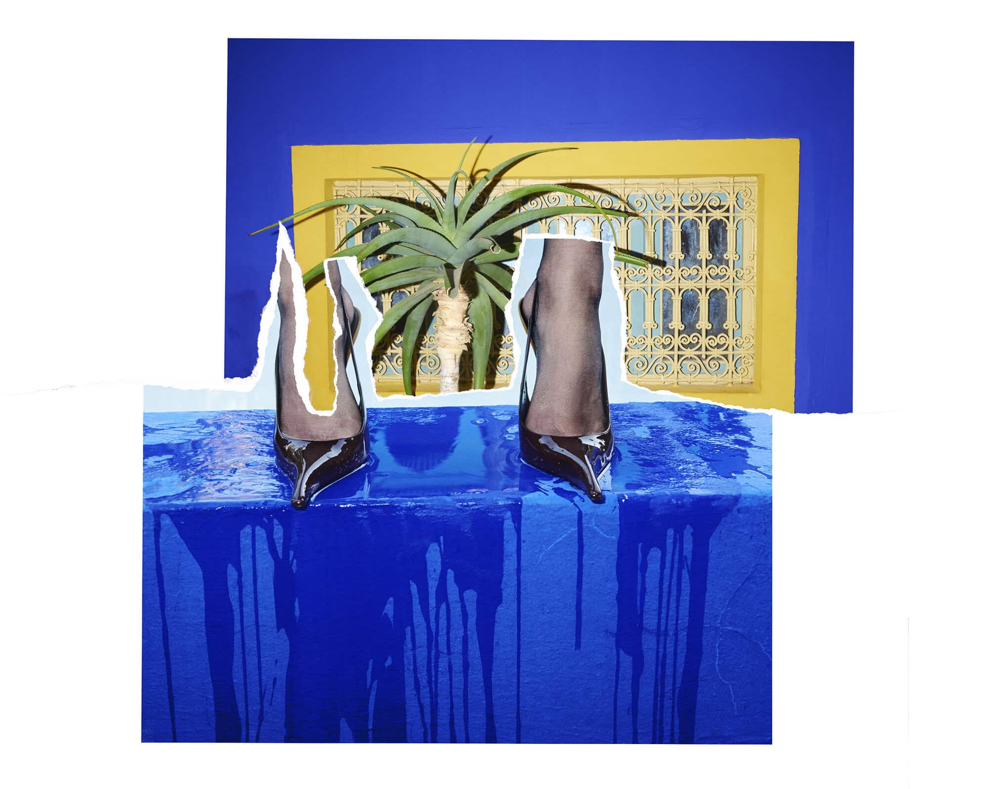 Torn paper collage featuring high-heeled shoes, black hosiery, a potted plant, and vibrant blue and yellow architectural walls