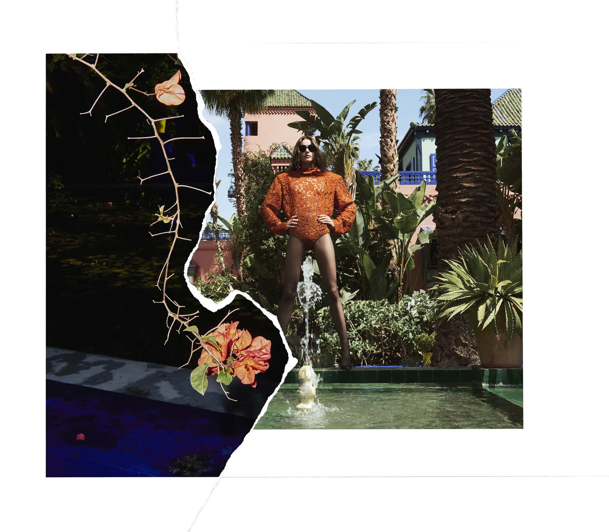 Model wearing orange textured top standing near a garden fountain in Marrakech for Saint Laurent Winter 2025.