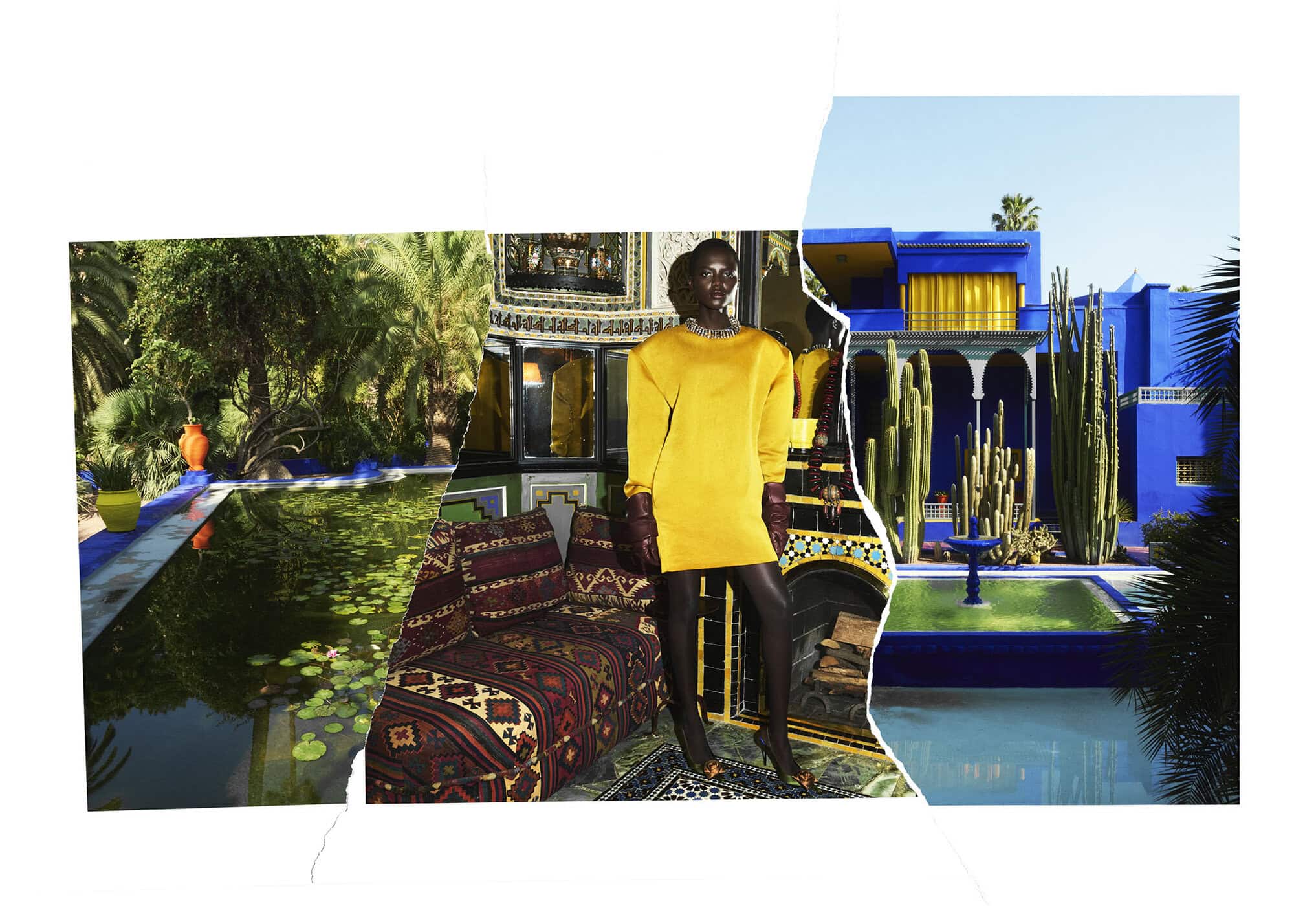 Collage style fashion image of a model in a yellow dress set against architectural views of Marrakech for Saint Laurent