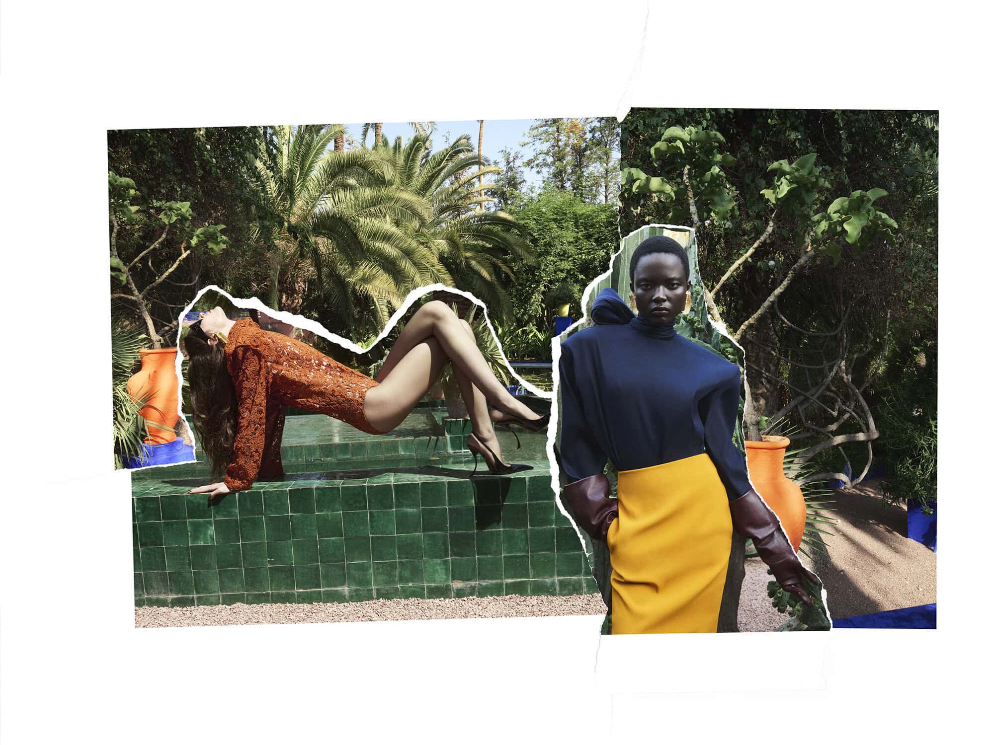 Collage fashion editorial for Saint Laurent featuring models posing outdoors among palm trees and foliage.