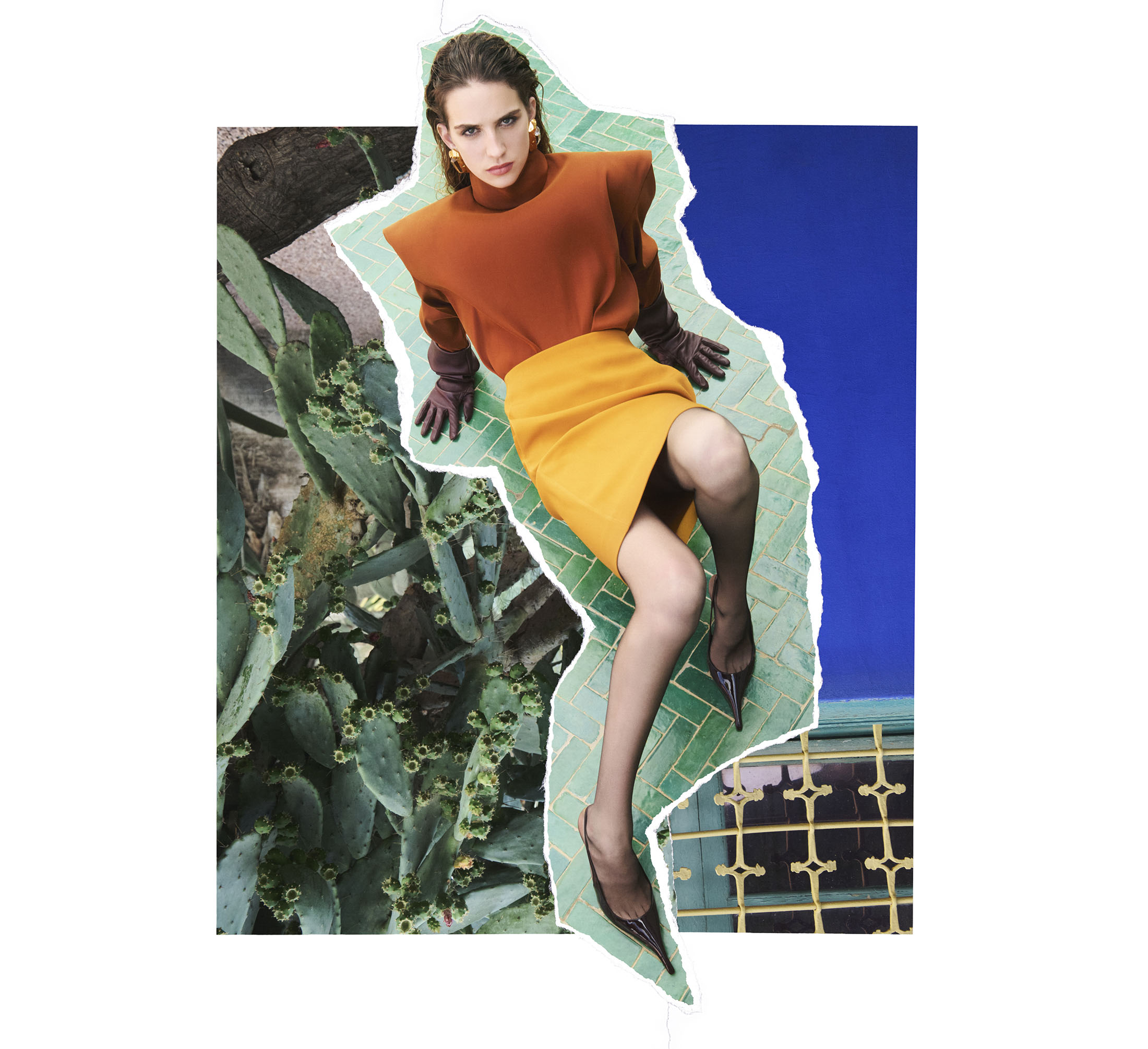 Model in rust-coloured structured top and yellow skirt with torn-edge collage composition featuring cacti and blue wall