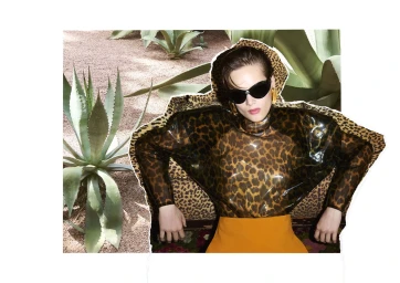 Model wearing leopard print top and sunglasses collaged against an arid succulent and desert gravel background