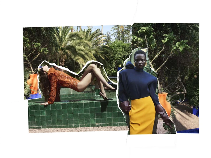 Collage fashion editorial for Saint Laurent featuring models posing outdoors among palm trees and foliage.