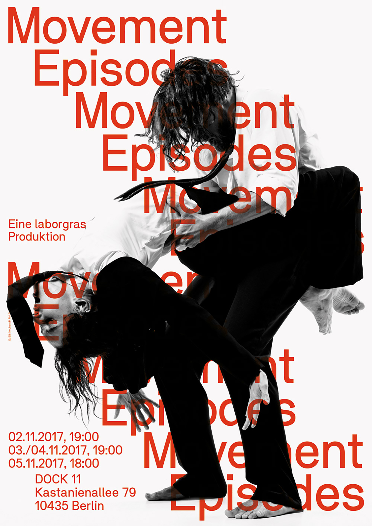 Two dancers in formal attire performing a lift against a stark white background with red typographic overlay