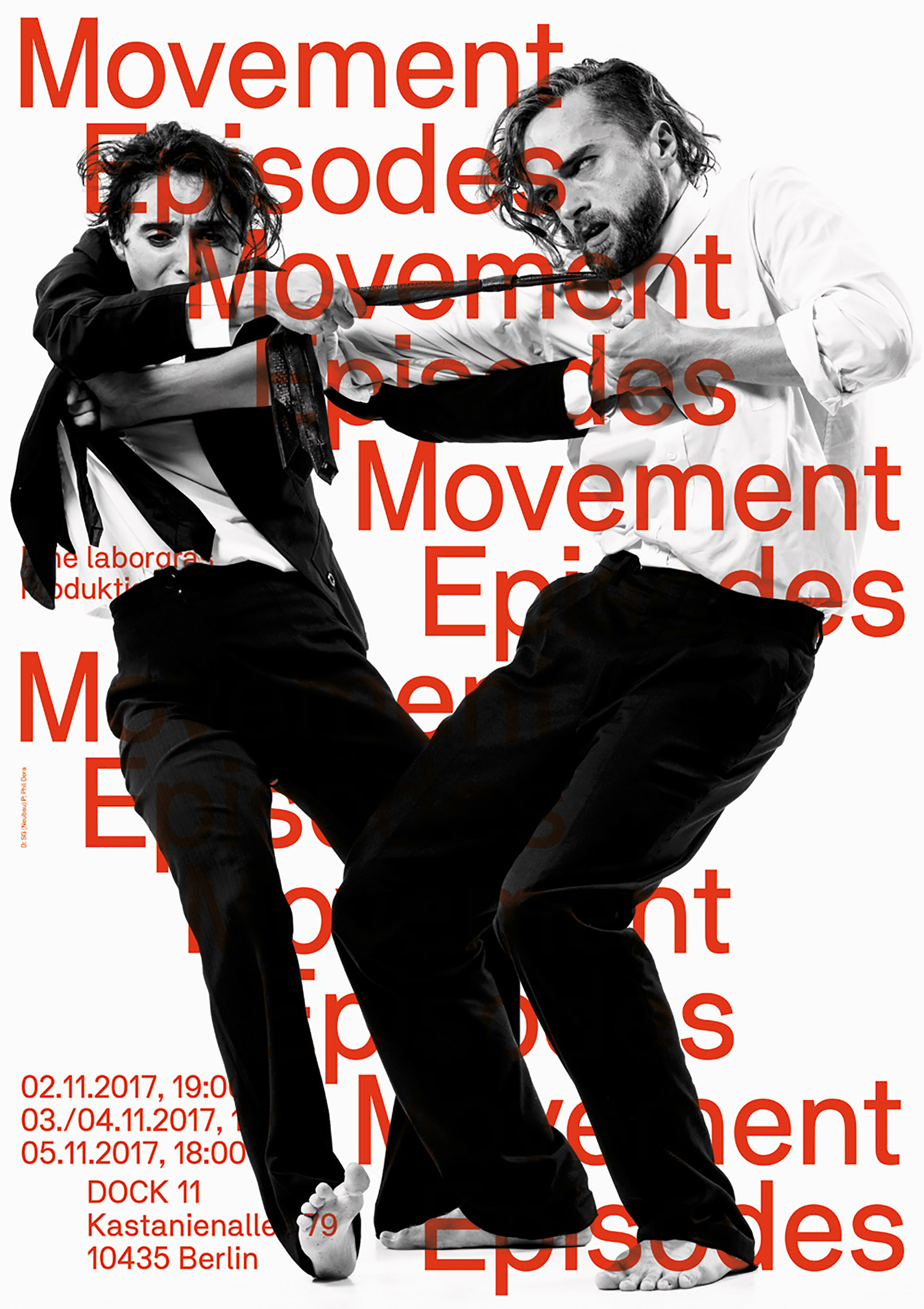 Two men in white shirts and black trousers performing dynamic movement against a stark white background with red typographic overlay