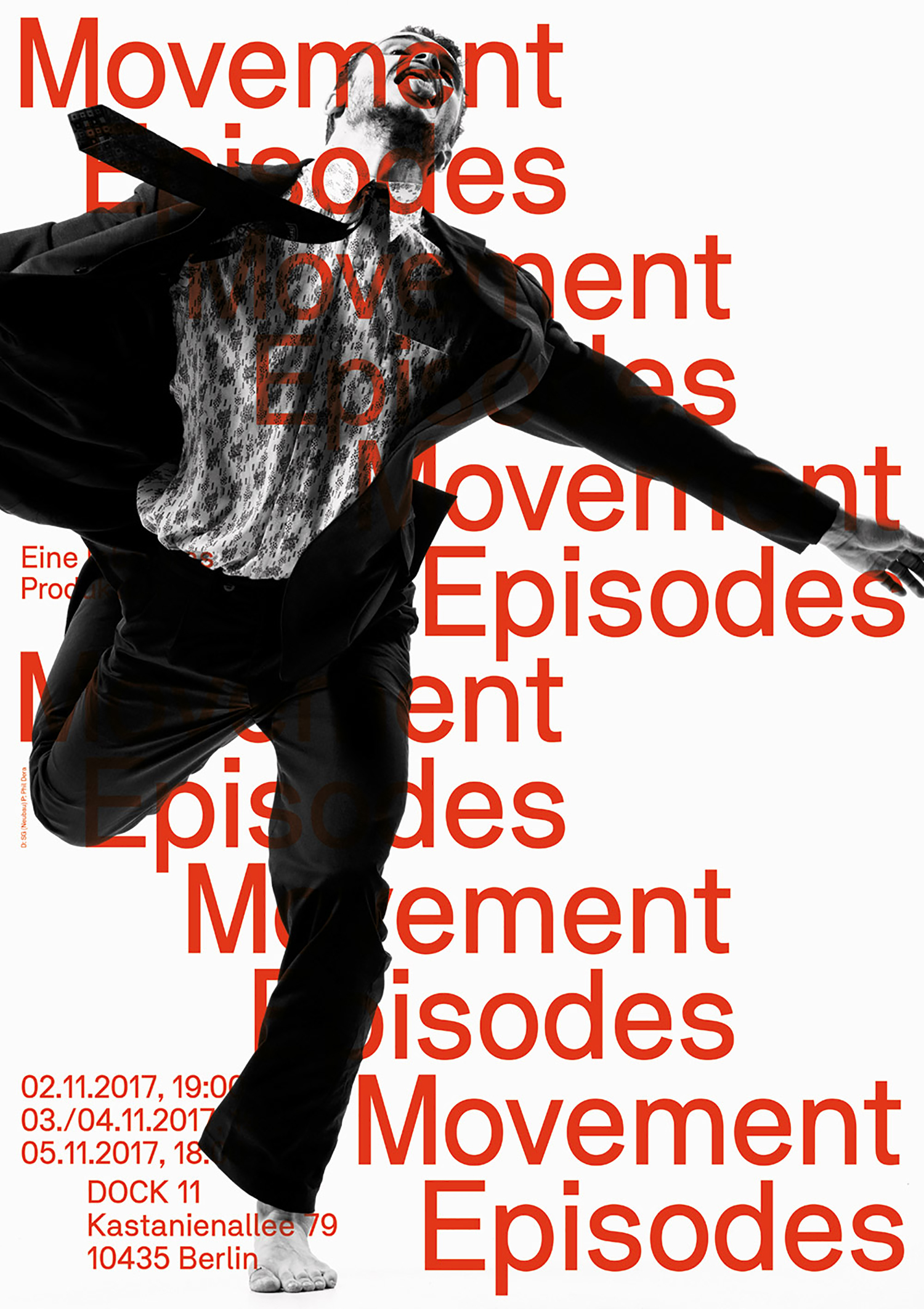 A man leaping dynamically in a suit and patterned shirt against a bright background with large red typographic overlay.