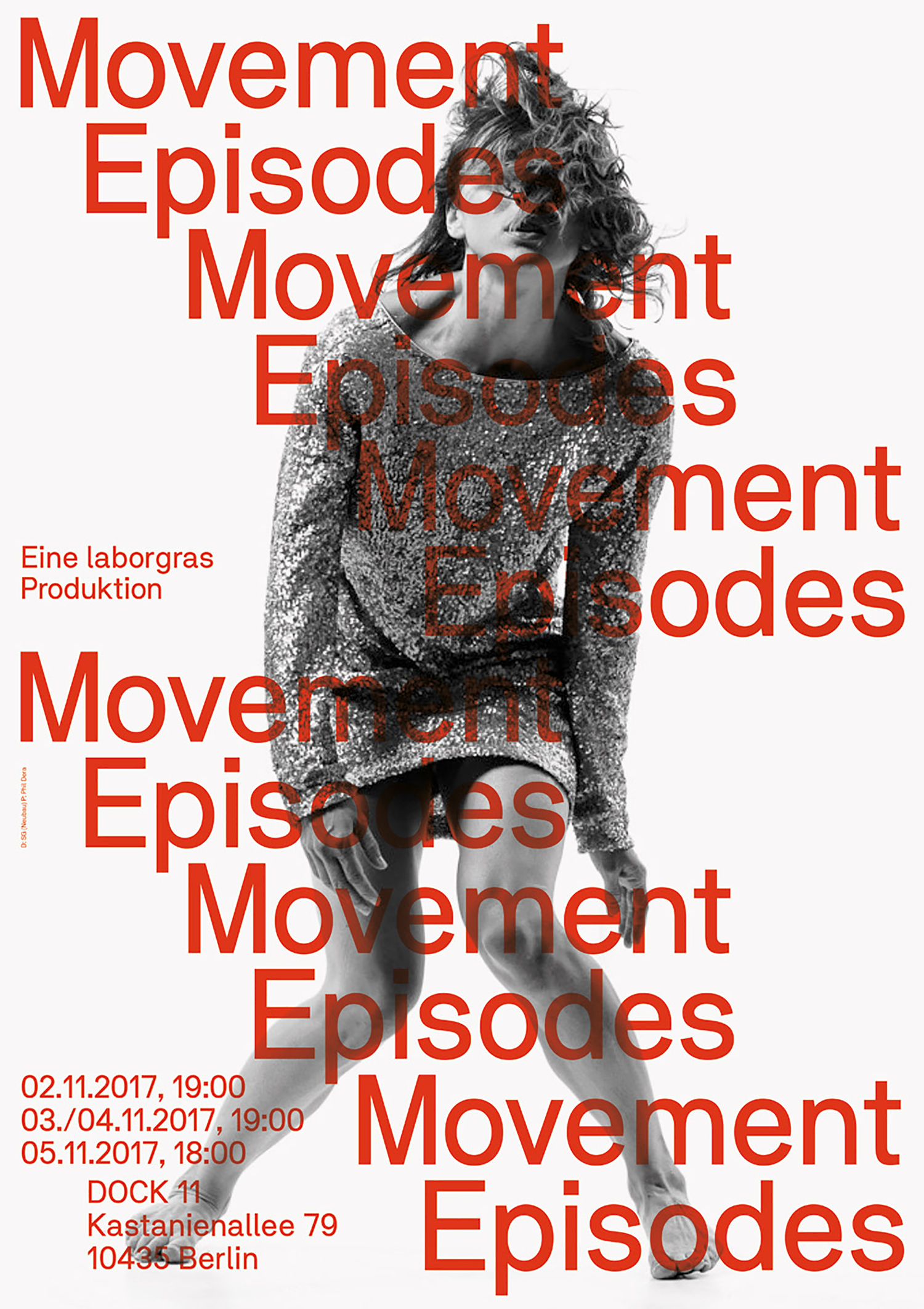 Poster for LaborGras featuring a dancer in a sequin dress overlaid with red typography saying Movement Episodes against a white background.