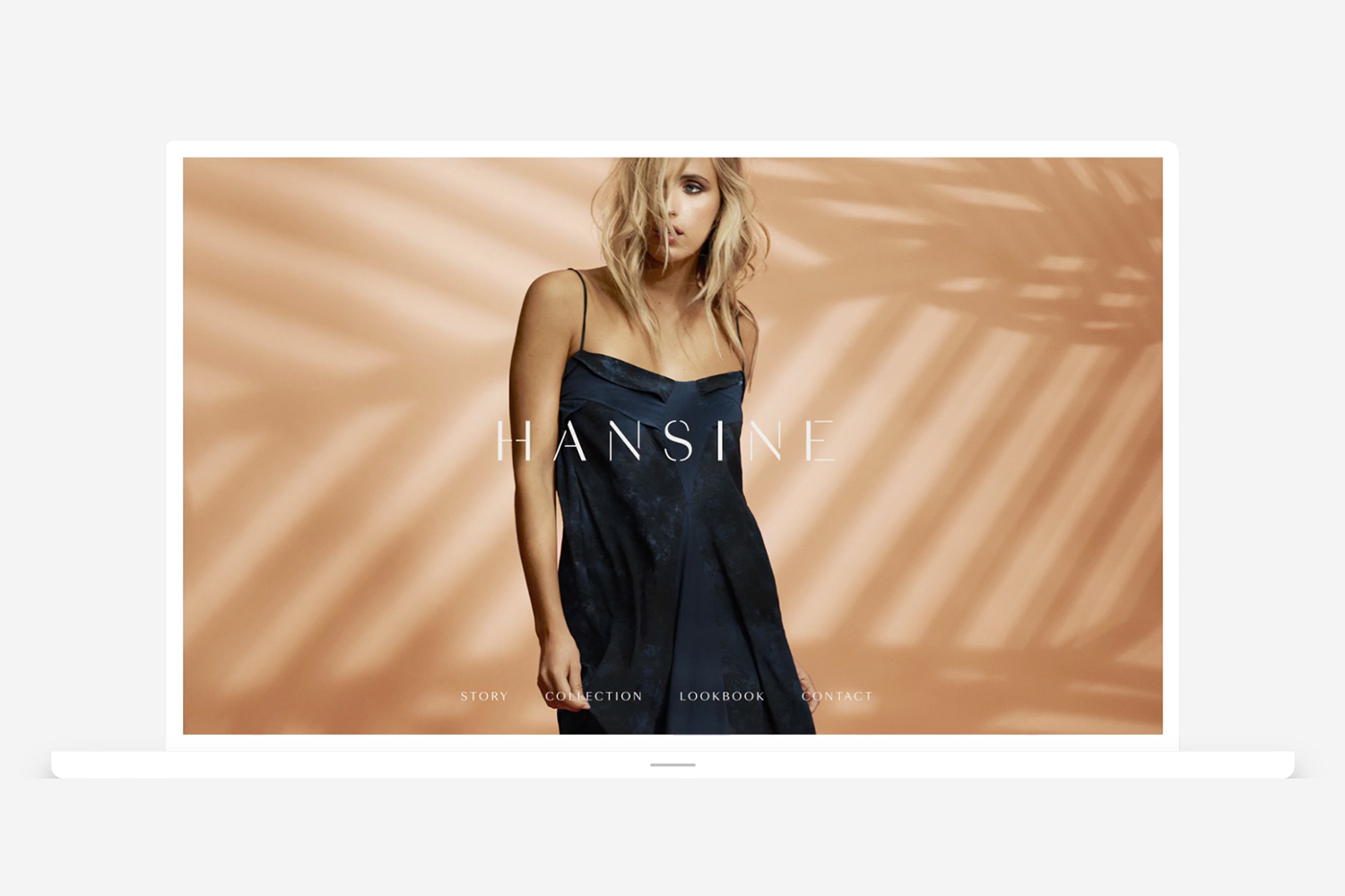 Laptop displaying a website interface for Hansine featuring a female model in a dark slip dress against a warm patterned background.