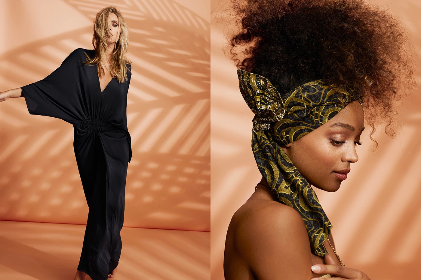 Two fashion models posing against a warm peach backdrop with palm leaf shadows, wearing black dress and patterned headscarf.