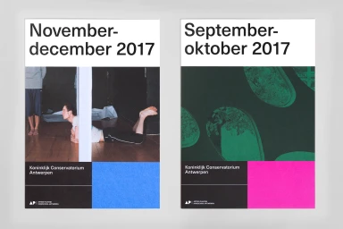 Two graphic design posters featuring bold typography, green and pink color blocks, and photographic elements by Vrints-Kolsteren