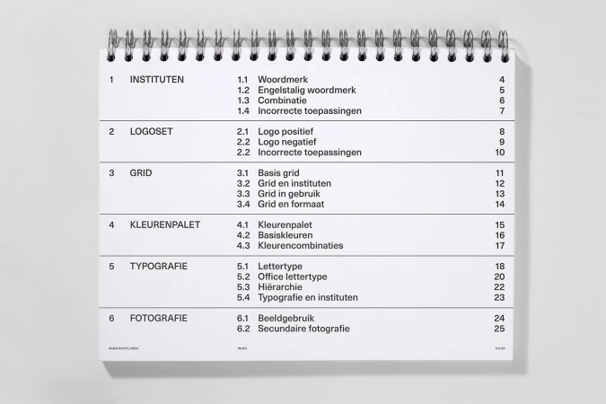 Spiral-bound document index page listing guidelines for institutional branding, typography, and layout.