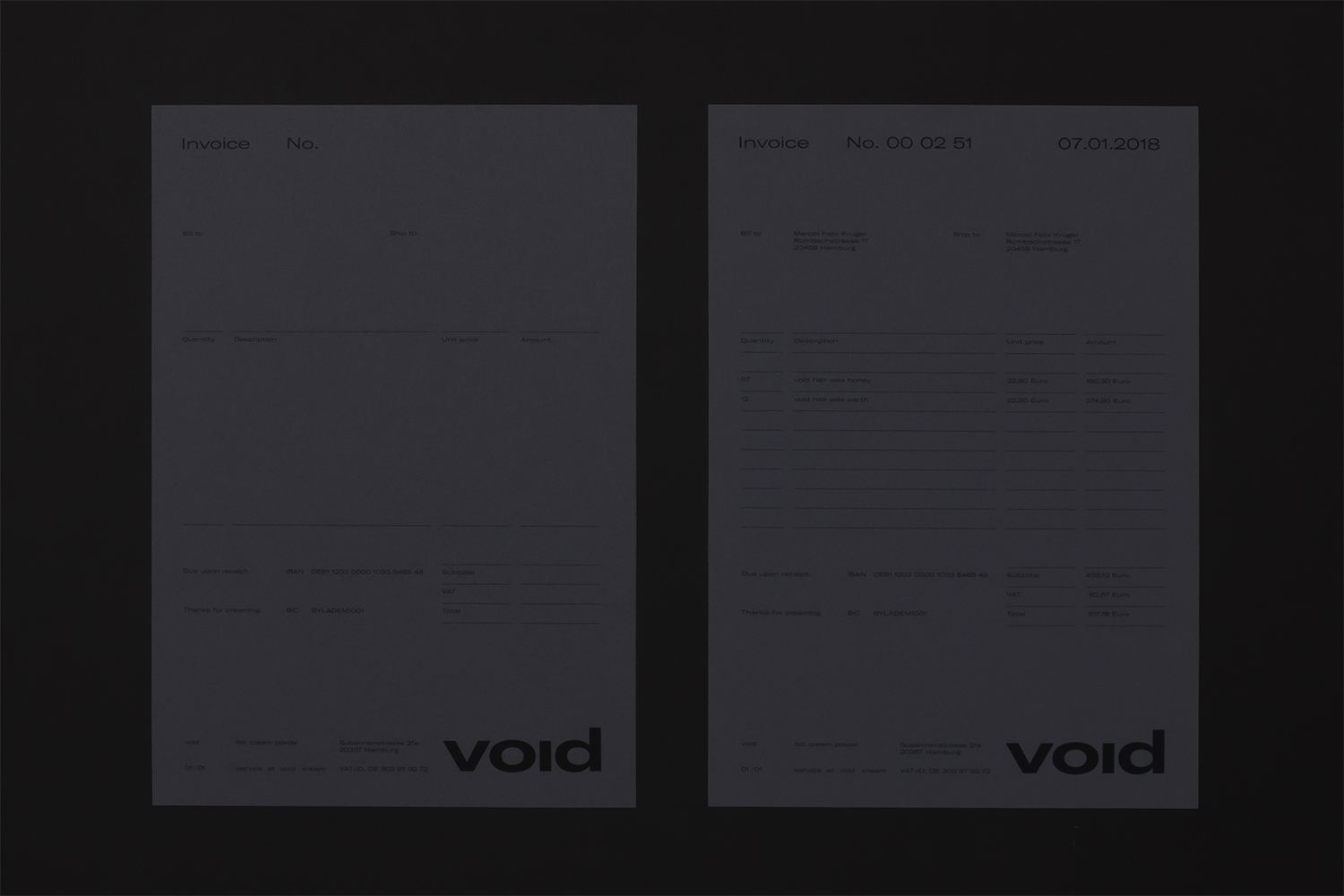 Two minimalist white invoice documents featuring clean typographic layout and the Void brand logo against a dark background