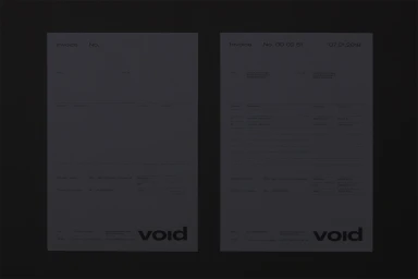 Two minimalist white invoice documents featuring clean typographic layout and the Void brand logo against a dark background