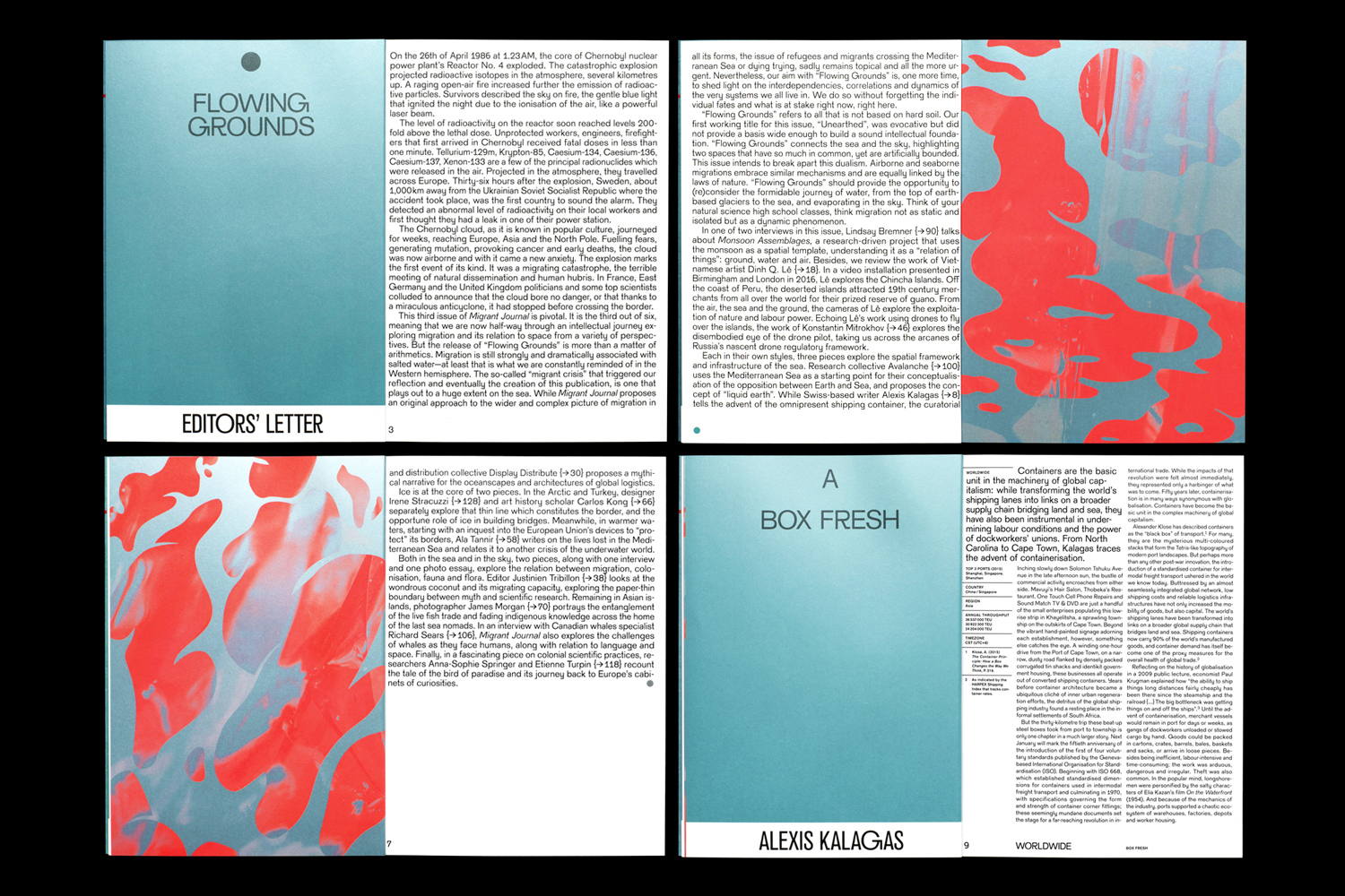 Spread pages of a publication featuring editorial layout typography and abstract red and blue illustrations by Offshore Studio.