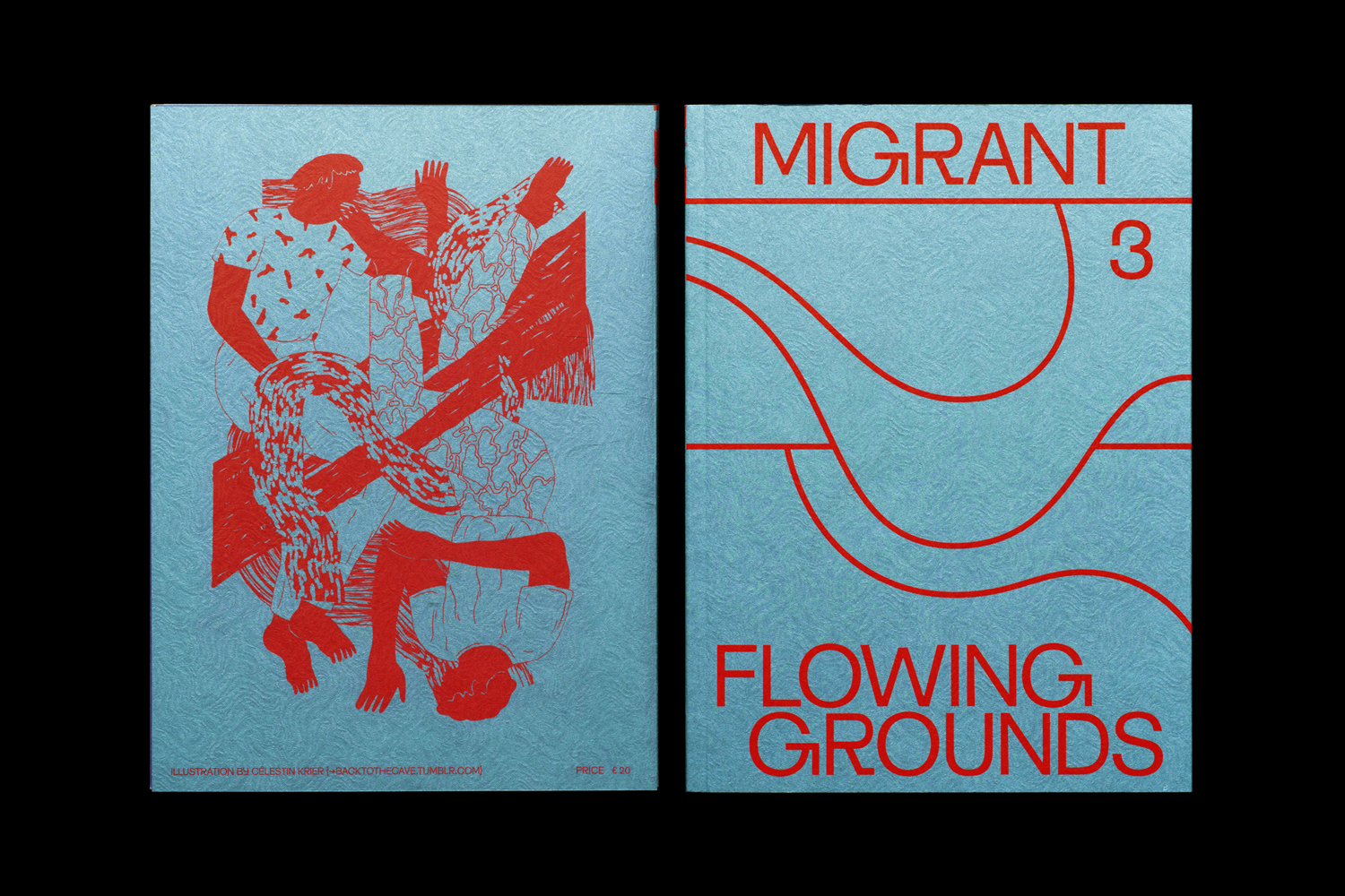 Book covers for Migrant 3 Flowing Grounds featuring red linocut illustrations of figures on a textured blue paper background by Offshore Studio