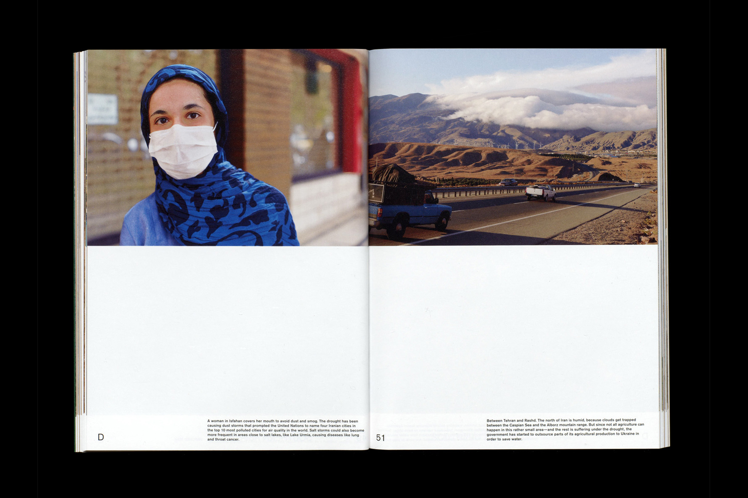 Open magazine spread showing a woman wearing a blue patterned hijab and a white face mask on the left page.