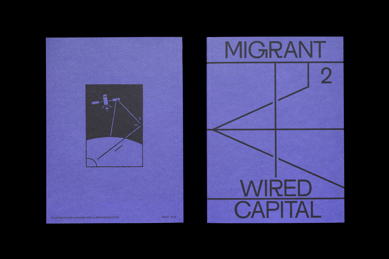 Front and back cover of the purple publication Migrant 2 Wired Capital with black graphic line art and typography