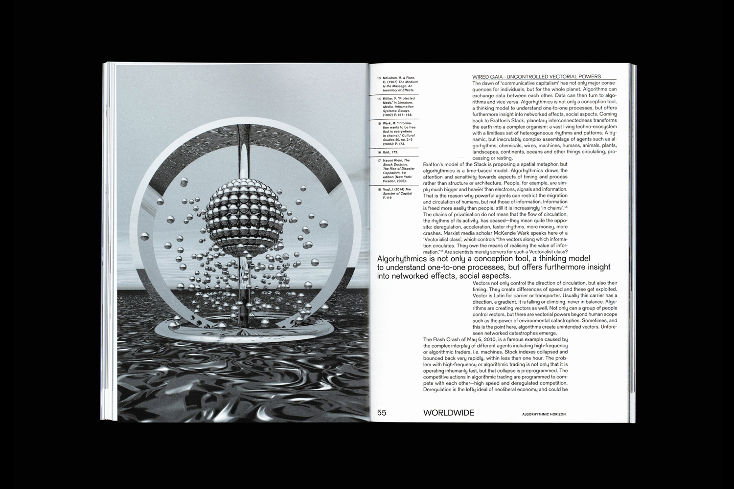 Open magazine spread featuring 3D graphic art on the left page and dense columns of editorial typography on the right.