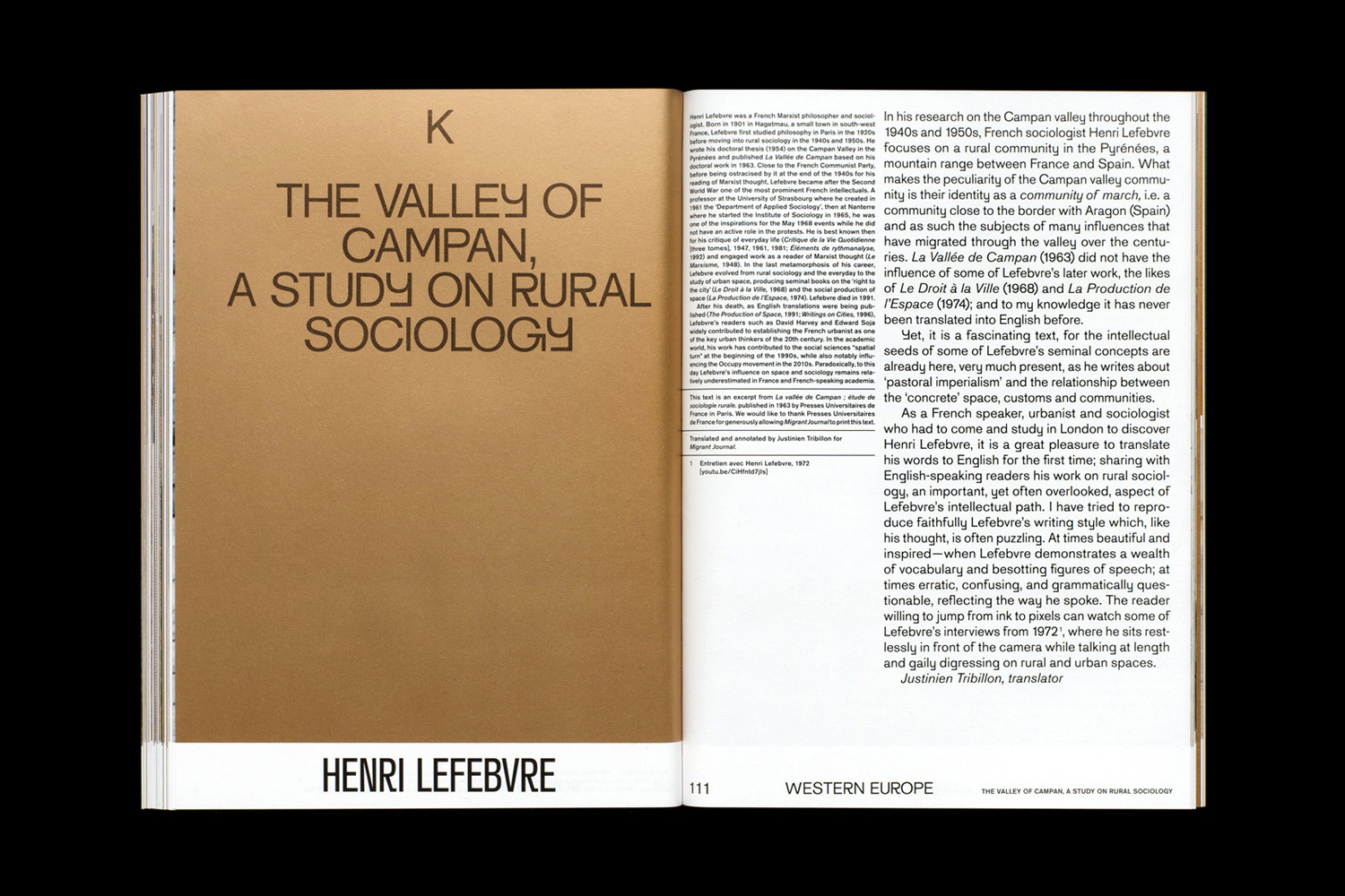 Open book spread featuring bold typography titled The Valley of Campan and a rich brown page design.