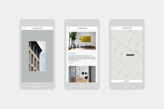 Three mobile phone mockups displaying the 150 Wooster brand identity and website interface design against a plain light grey background.