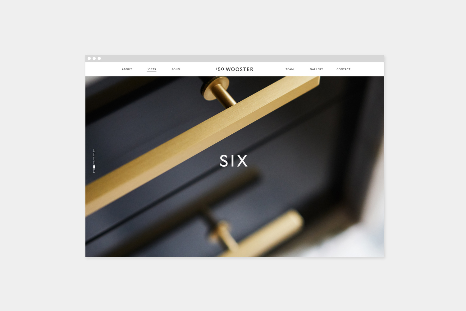 Browser window mockup displaying the 150 Wooster website featuring a close-up of dark cabinetry and brass hardware
