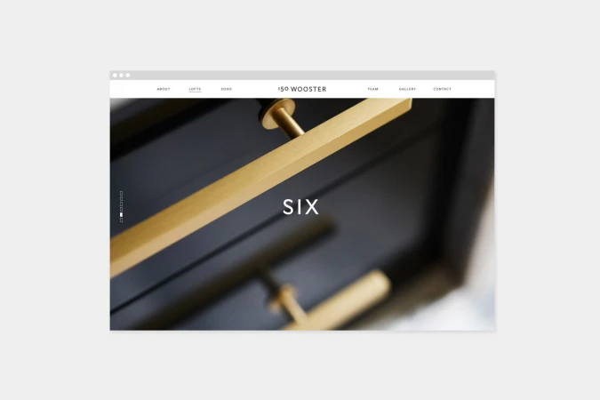 Browser window mockup displaying the 150 Wooster website featuring a close-up of dark cabinetry and brass hardware
