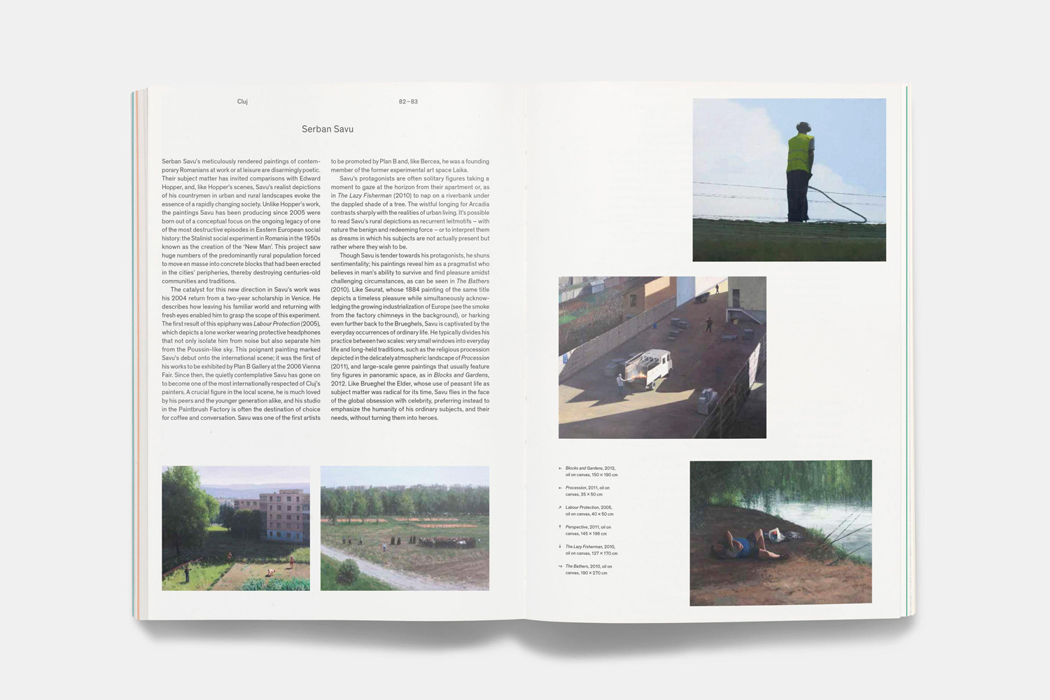 Open book pages displaying essays and paintings by Serban Savu designed by Phaidon for Brand Identity