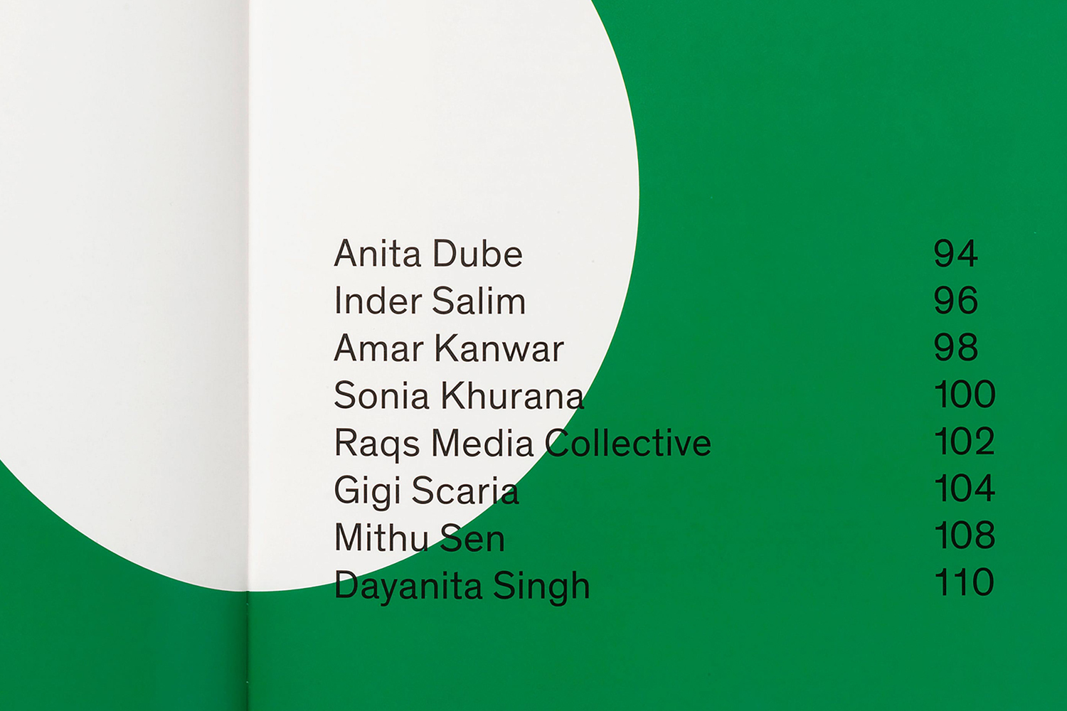 Book index page featuring a bold green background with white circular cutout shapes and dark typography listing artist names and page numbers.