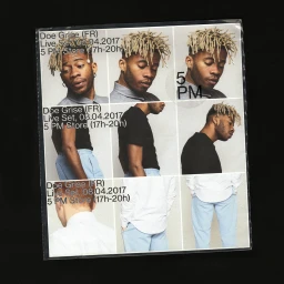 Multi-pane photographic print in a clear plastic sleeve displaying a black man with blonde dreadlocks and light blue trousers