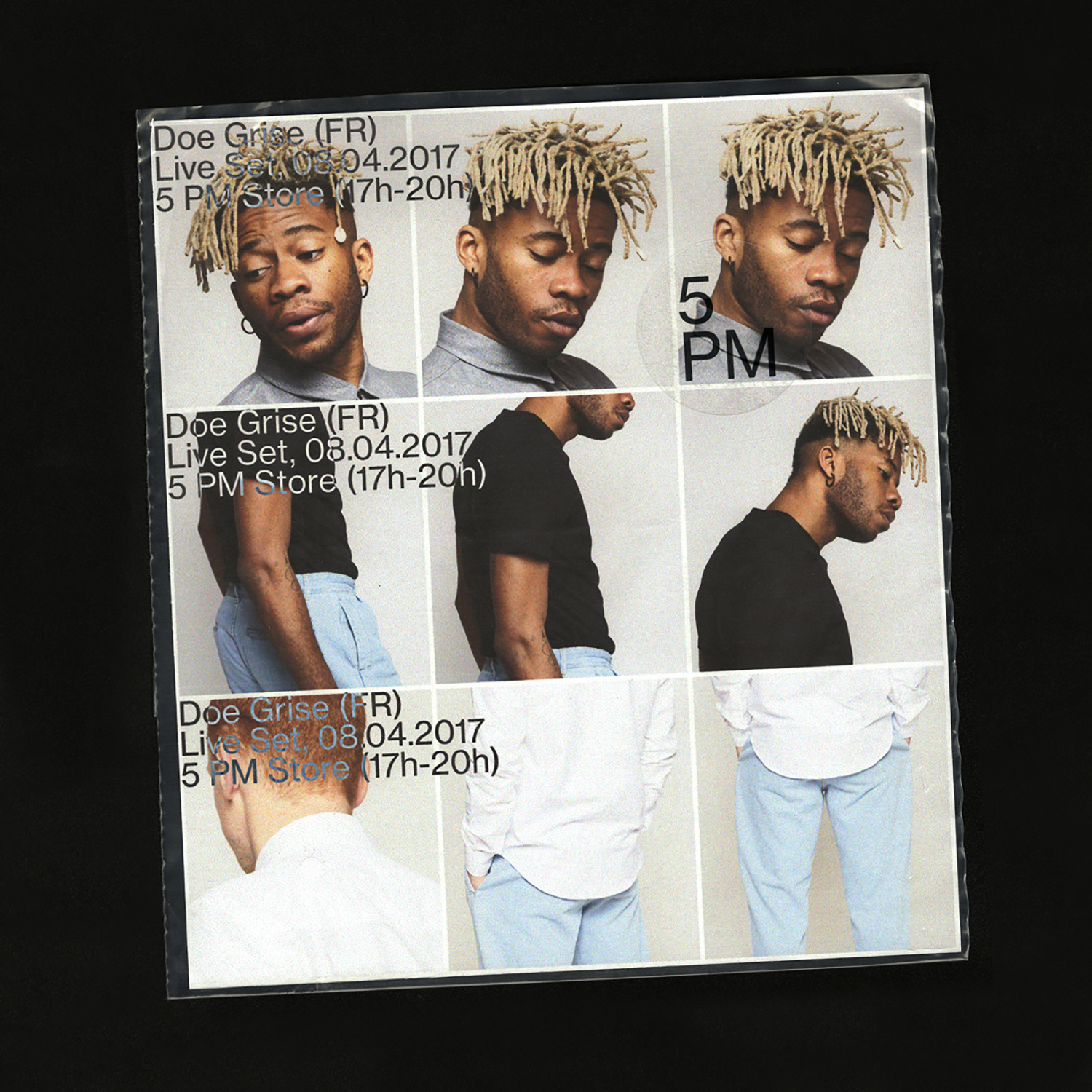 Multi-pane photographic print in a clear plastic sleeve displaying a black man with blonde dreadlocks and light blue trousers