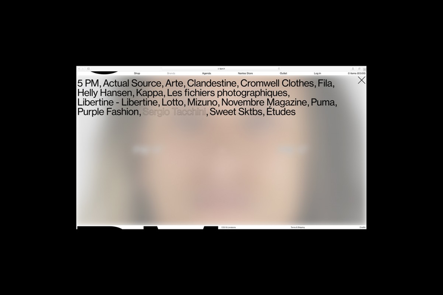 Website interface showing brand list menu overlaying a blurred background for 5PM brand identity design by Plus Mûrs