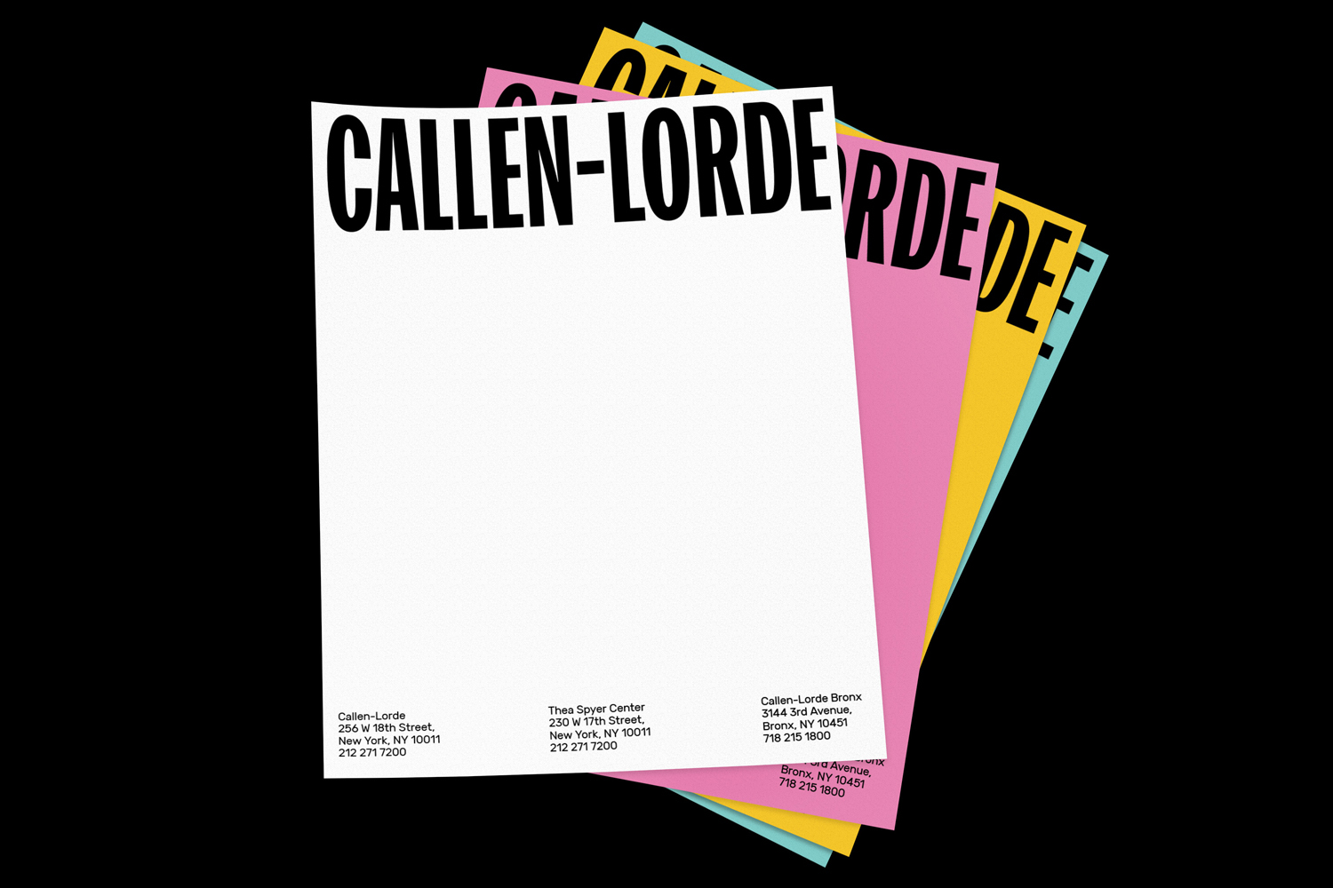 Stacked colorful stationery papers featuring bold black typography for Callen-Lorde brand identity design by Mother Design.