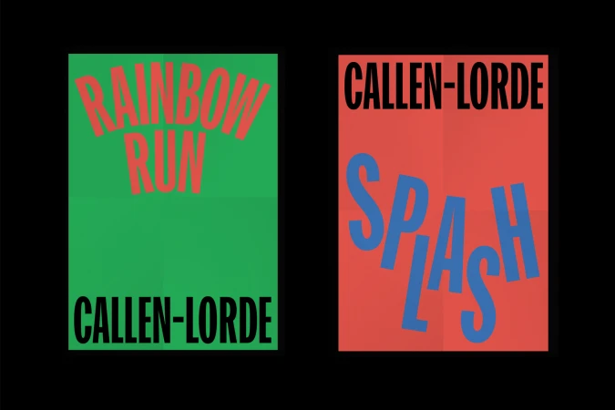 Two graphic posters for Callen-Lorde featuring bold typography against green and red backgrounds.