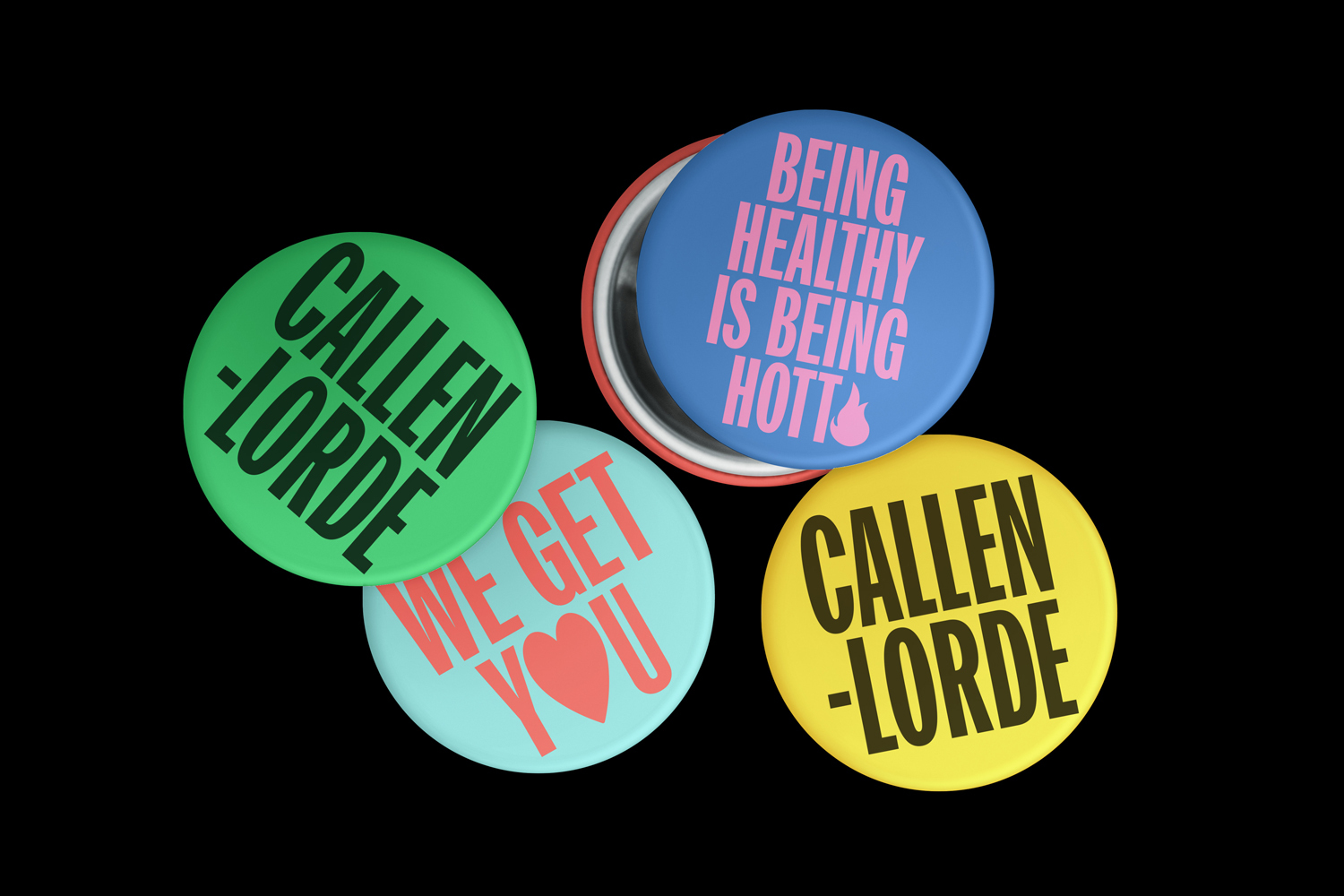 Four colorful pinback buttons with bold typographic branding for Callen-Lorde arranged on a black background.