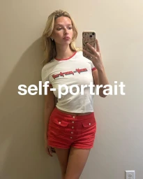 Apple Martin taking a mirror selfie wearing a white ringer t-shirt and red shorts for Self-Portrait Fall 2025.