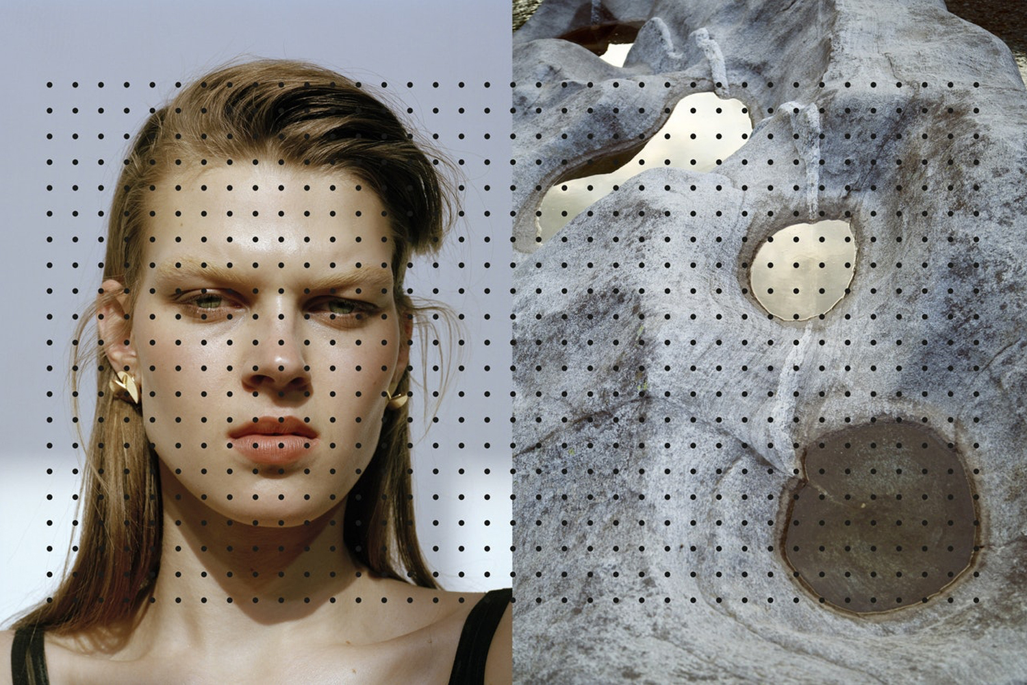 Close-up portrait of a woman next to a weathered rock face, overlaid with a systematic dot pattern grid across both halves.