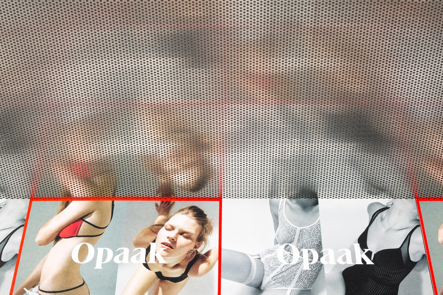Printed fashion imagery featuring models wearing undergarments under a perforated metallic ceiling grid