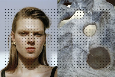 Close-up portrait of a woman next to a weathered rock face, overlaid with a systematic dot pattern grid across both halves.
