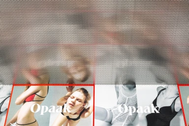 Printed fashion imagery featuring models wearing undergarments under a perforated metallic ceiling grid
